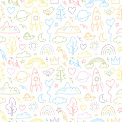 Colorful cute seamless pattern with childish doodle. Outlined various kids objects like stars, clouds, rocket, planet, crown. Creative simple style background with cute shapes. Decorative elements.