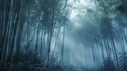 Naklejka premium Mystical Bamboo Forest Tranquil Morning Mist and Enchanting Serenity