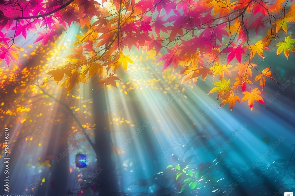 Aufkleber tree with leaves and the sun shining through it, Sunlight filtering through the colorful canopy of autumn leaves