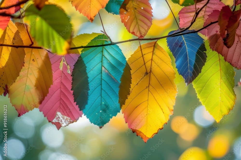 Aufkleber tree with leaves and the sun shining through it, Sunlight filtering through the colorful canopy of autumn leaves