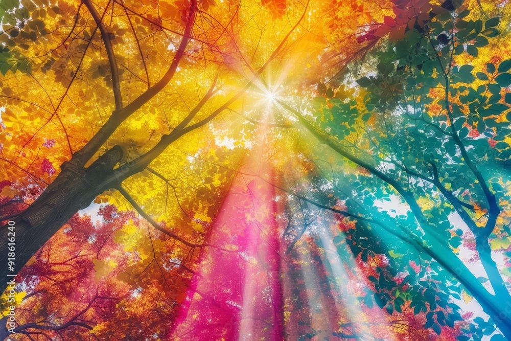 Aufkleber tree with leaves and the sun shining through it, Sunlight filtering through the colorful canopy of autumn leaves