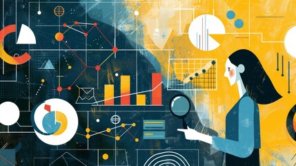 Datadriven Creativity Woman Analyzing Graphical Representations with Laptop in Vibrant Abstract Background