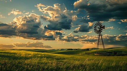 Timeless Beauty Majestic Windmill in Rolling Green Fields Under Dramatic Sky Rural Charm and Iconic Symbol of the Countryside Stock Image
