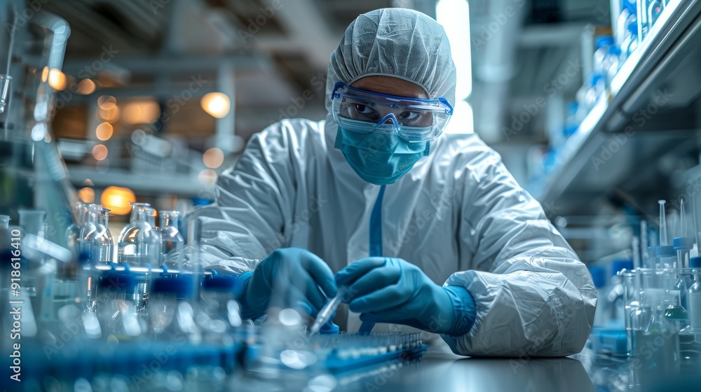 Poster scientist conducting experiments in a laboratory during evening hours with various glassware and equ