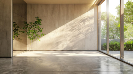 an empty beige room with stucco-textured walls and a gray polished cement floor. Sunlight streams,  interior design inspiration.