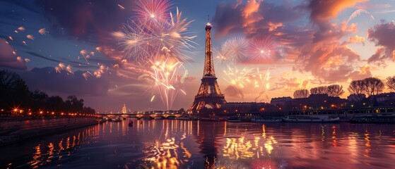 Parisian Pride Spectacular Bastille Day Fireworks Illuminate the Eiffel Tower in a Burst of Patriotic Celebration