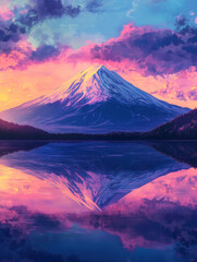 Anime style illustration of a beautiful Japanese mountain Fuji with a water reflection