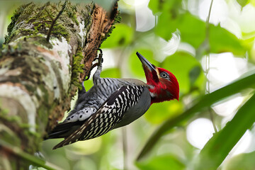 Crimsoncrested Woodpecker Campephilus melanoleucos pecking at a tree in the Amazon rainforest also called Picapaudecristavermelha