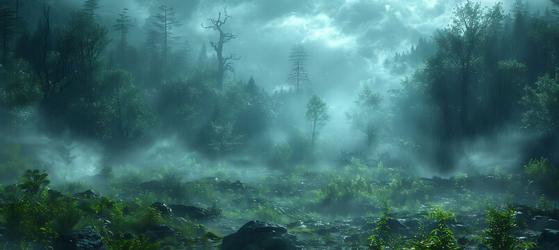 Dense forest shrouded in mist Strange symbols from the Book of Thoth appear carved into the trees hinting at the hidden knowledge that lies within the forest