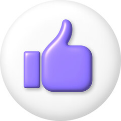 3d icon. Purple hand gesture thumb up on white button. PNG illustration.
