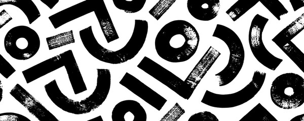 Abstract geometric seamless pattern with circles, curved thick lines and triangles. Hand drawn thick geometric brush strokes. Distressed texture of basic shapes, arches and straight strokes.