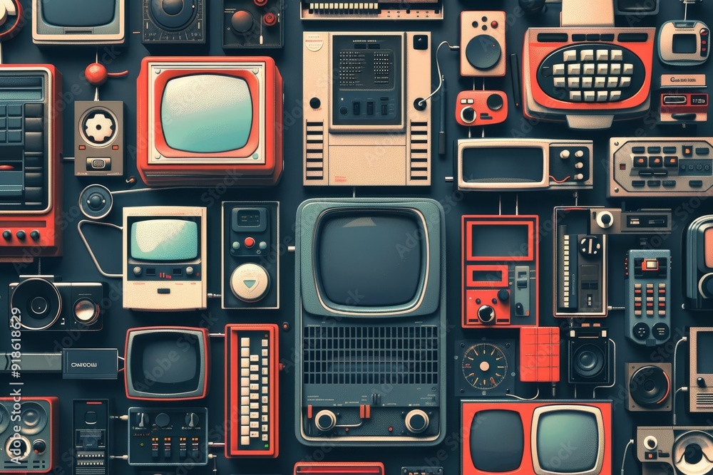 Poster visual representation of the evolution of multimedia technology over the decades