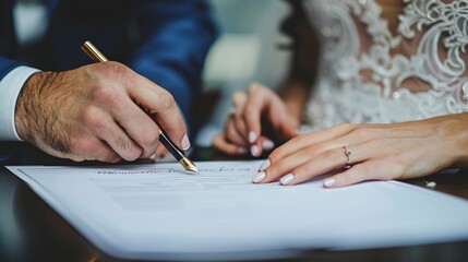 Symbolic Union Hands Signing Marriage Contract Formal Signing Ceremony with Pen and Pointing Hand