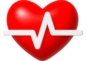3d icon. Red heart with white pulse line. PNG illustration.