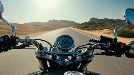 Scenic motorcycle ride through desert landscape at sunset