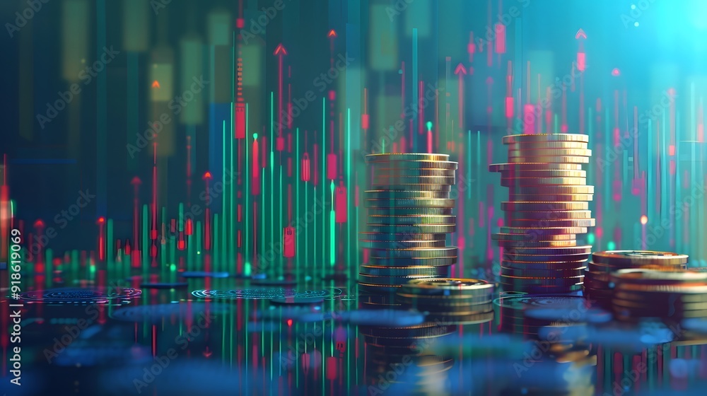 Poster stacked bitcoins with digital trading analysis graphs