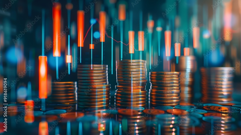 Poster bitcoin stacks with dynamic digital financial charts