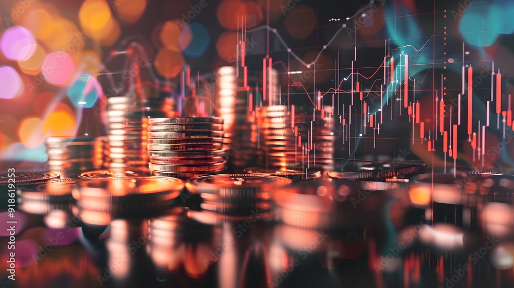 Poster bitcoin stacks with vibrant digital trading graphs