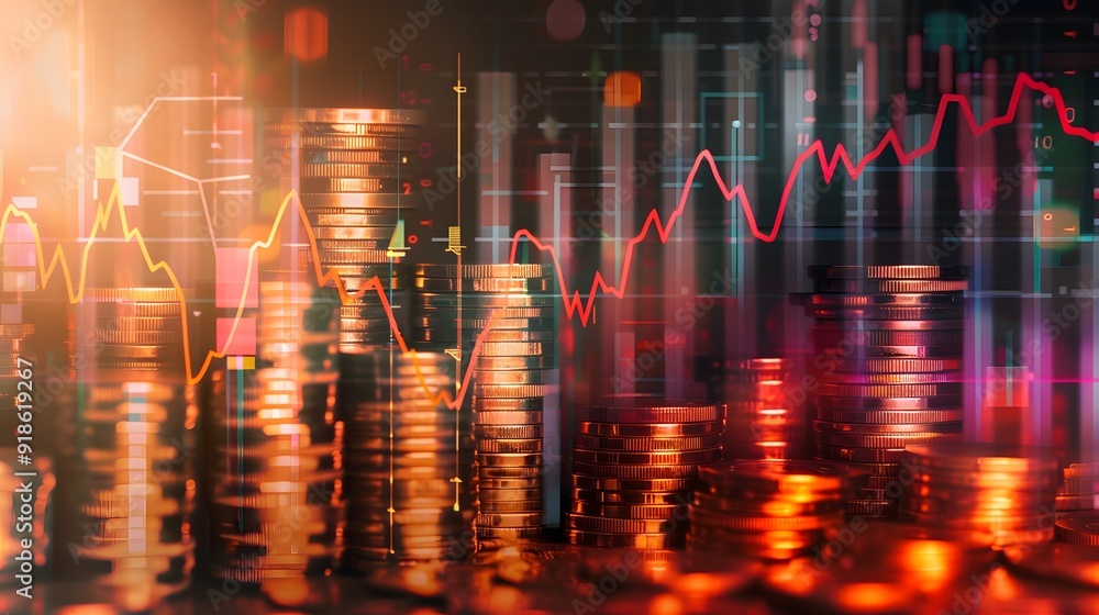 Poster bitcoin stacks with vibrant digital trading graphs