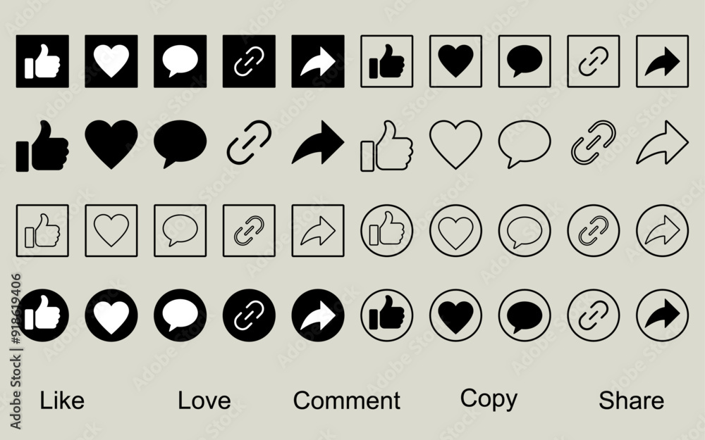 Poster like comment copy share love icon button set social midea notification icons facebook thumb up flat 