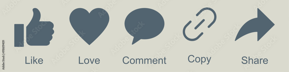 Poster like comment copy share love icon button set social midea notification icons facebook thumb up flat 