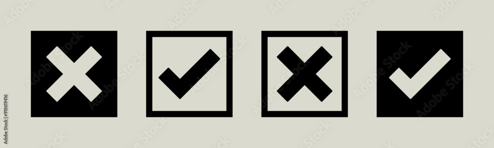 Poster tick mark icon button set check box correct right wrong black buttons or yes or no checkmark red cro