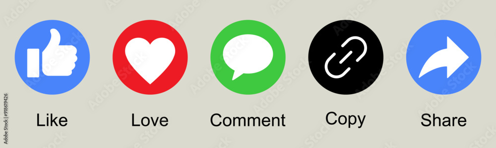 Poster like comment copy share love colorful icon button set social media notification icons facebook thumb