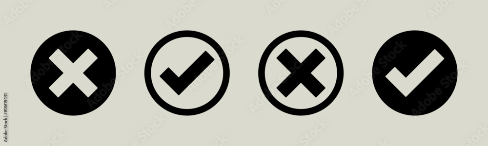 Poster tick mark icon button set check box correct right wrong black buttons yes or no checkmark red cross 