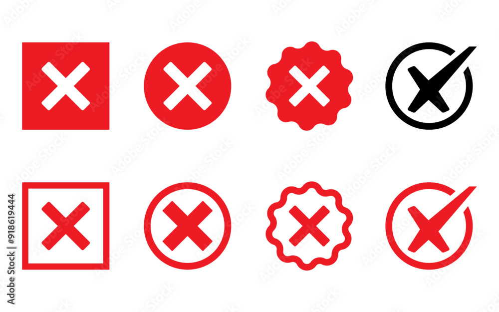 Poster check box red cross mark icon set button wrong declined buttons no checkmark vector illustration no 