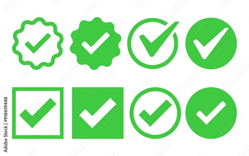 Poster green check box tick mark circle square icon set button correct right buttons checkmark vector flat 