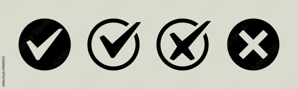 Poster tick mark icon button set check box correct right wrong black buttons yes or no checkmark red cross 