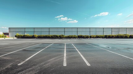 Vast Warehouse Space Empty Parking Lot with Blue Sky Background Industrial Stock Photo