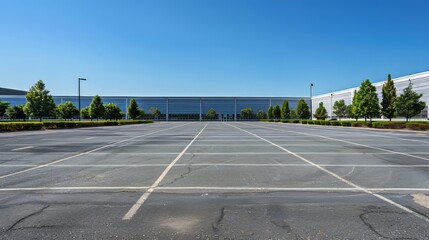 Vast Warehouse Space Empty Parking Lot with Blue Sky Background Industrial Stock Photo