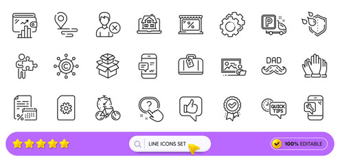 Copywriting network, Phone repair and Like line icons for web app. Pack of Father day, Settings gears, Question button pictogram icons. Packing boxes, Puzzle, Quick tips signs. Realtor. Vector