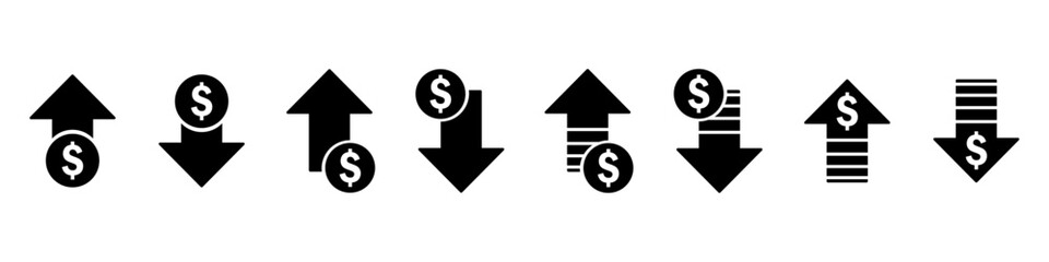 Earning Money increase decrease black icon with arrow symbol profit and loss vector icon illustration cost rising revenue business icome up down coin crisis price dolar sign analysis