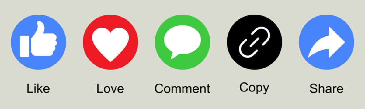 Like comment copy share love colorful icon button set social media notification icons facebook thumb up flat icon website communication reaction emotion feedback reply user interface vector icons