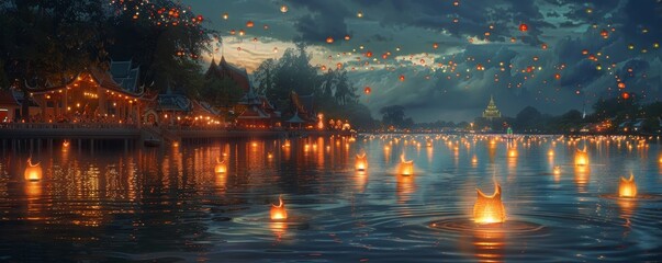 Fototapeta premium Enchanting Serenity Illuminated Krathongs at Thai Festival of Lights