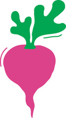 Cartoon radish hand drawn, cute vegetable doodle, character simple icon. Funny child food isolated on white background. Baby naive vector illustration