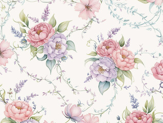 Seamless pattern with watercolor flowers. Peonies, anemone, citrus and roses. Illustration
