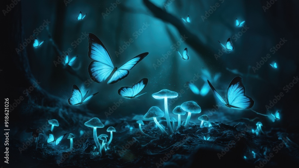 Poster A group of butterflies flying around a forest with mushrooms, AI