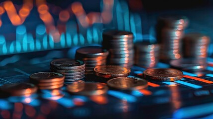 A close-up shot of stacks of gold coins on a dark surface with a blurry background of a stock chart.