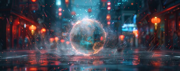 Luminous Global Connections Digital Book with Holographic Globe and Nodes on Reflective Surface Futuristic Technology Concept