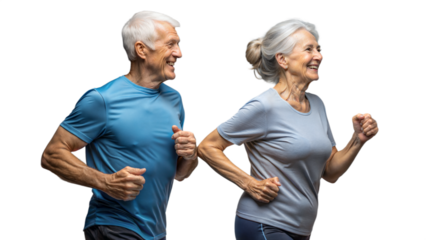 Dynamic senior couple running in sporty gear, enjoying an active lifestyle outdoors