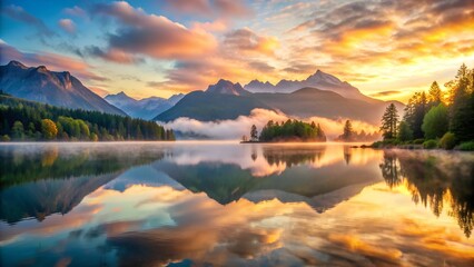 This image showcases a breathtaking mountain landscape at sunrise, with the sun's golden light illuminating the scene. The calm lake mirrors the surrounding mountains, trees, and sky, creating a stunn
