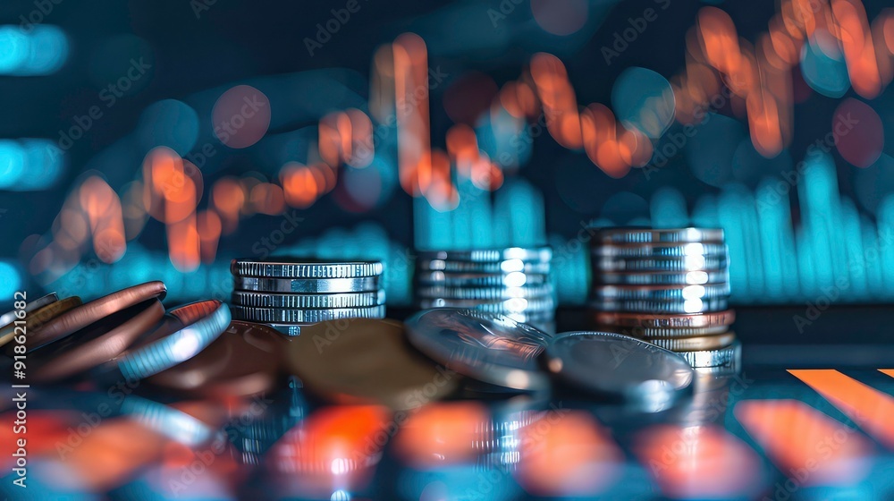 Poster a close-up shot of silver coins stacked on a reflective surface with an out-of-focus background of a