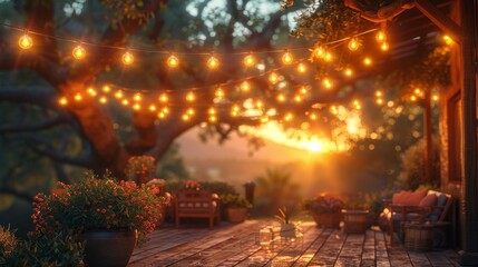 Obraz premium Cozy outdoor patio at sunset with string lights - generative ai