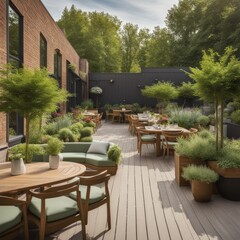 Tranquil outdoor seating area with wooden tables wicker huts potted plants and sunlight.