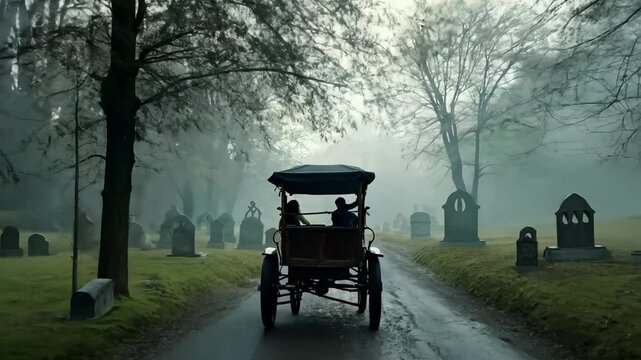 Horse-drawn carriage ride through a misty graveyard on a quiet afternoon