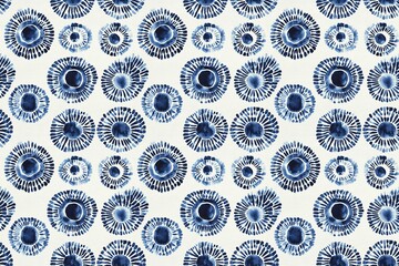 Traditional indigo shibori dye pattern with detailed circular motifs on a white textile background