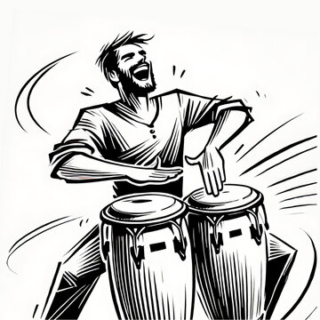 A man happily playing congas. Black and white image.